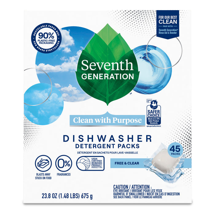 Front view of a Seventh Generation Dishwasher Detergent Packs box, displaying a green leaf logo and blue water imagery. This fragrance-free, eco-friendly product contains 45 packs and comes in 90% plastic-free packaging.