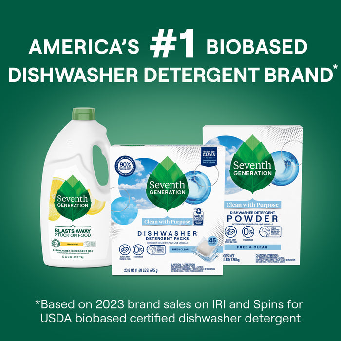 Three Seventh Generation Dishwasher Detergent Packs are shown on a green background with the claim, “America’s #1 Biobased Dishwasher Detergent Brand,” based on 2023 sales data and USDA biobased certification.