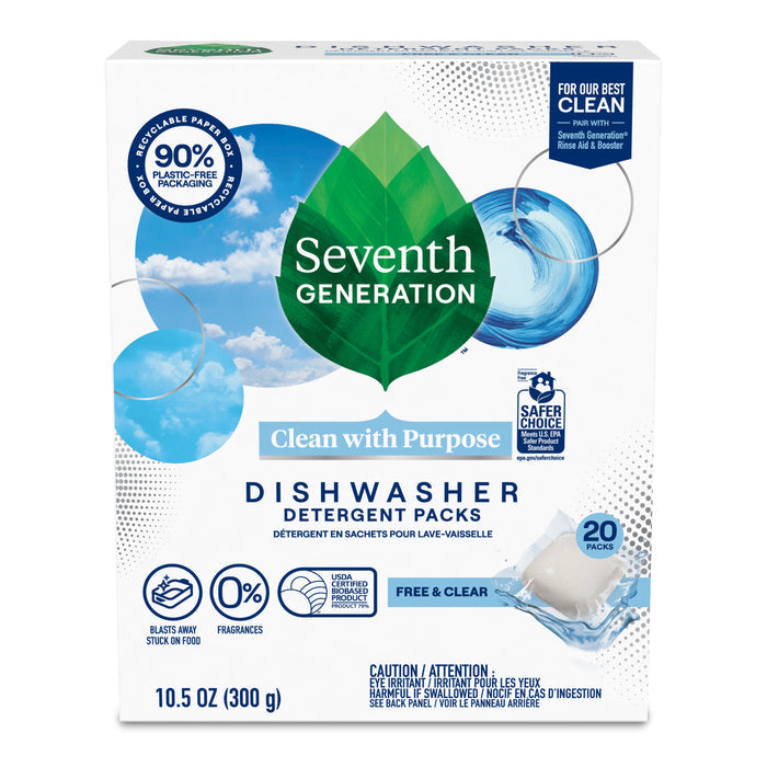 Seventh Generations Dishwasher Detergent Packs feature a green leaf logo and blue sky with clouds, highlighting their eco-friendly 90% plastic-free package and 0% fragrances. These enzyme-rich packs come in a 20-count form, weighing 10.5 oz.