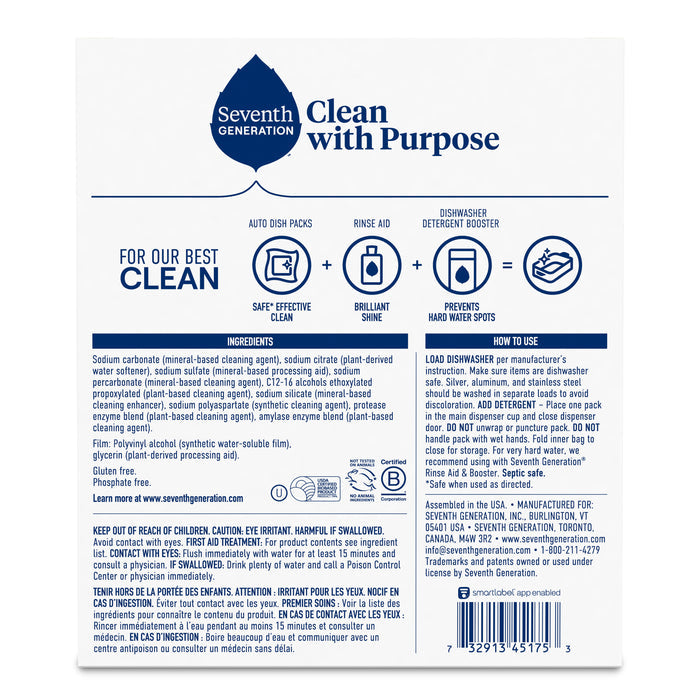 Back of a Seventh Generation Dishwasher Detergent Packs box showing ingredients, instructions, brand logo, and product benefits in blue on white. Features safety warnings and a barcode at the bottom right—perfect for eco-friendly dishwashing.