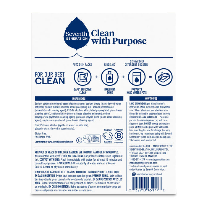The Seventh Generation Dishwasher Detergent Packs packaging emphasizes its enzyme-rich formula for effective cleaning and water spot prevention, detailing product uses, ingredients, warnings, and instructions in English, French, and Spanish for convenience.