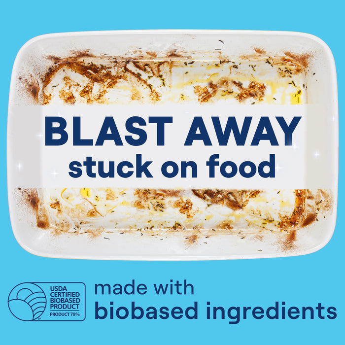 A dirty casserole dish with food residue appears above bold text reading BLAST AWAY stuck-on food. At the bottom, a seal and text state USDA Certified Biobased Product and made with biobased ingredients from Seventh Generation Dishwasher Detergent Packs.