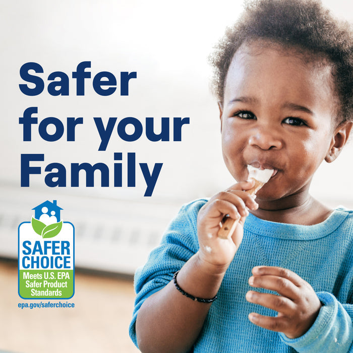 A young child in a blue shirt smiles while eating with a spoon. Text reads Safer for your Family and displays the Safer Choice EPA logo, emphasizing Seventh Generation Dishwasher Detergent Packs commitment to safer standards.