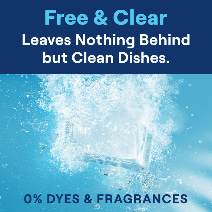 A Seventh Generation Dishwasher Detergent Pack dissolving in water with bubbles, overlaid with text: Free & Clear. Leaves Nothing Behind but Clean Dishes. 0% Dyes & Fragrances—for cleaning you can trust.
