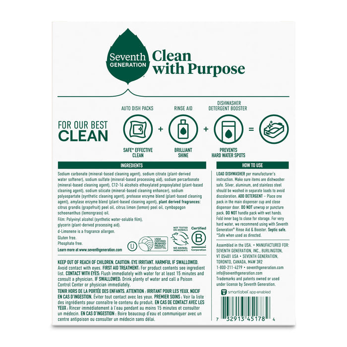 The back of a Seventh Generation Dishwasher Detergent Packs package describes an enzyme-rich formula for safe, effective cleaning, featuring simple ingredients and usage instructions. The mostly white packaging with green text pairs perfectly with auto dish packs for sparkling results.