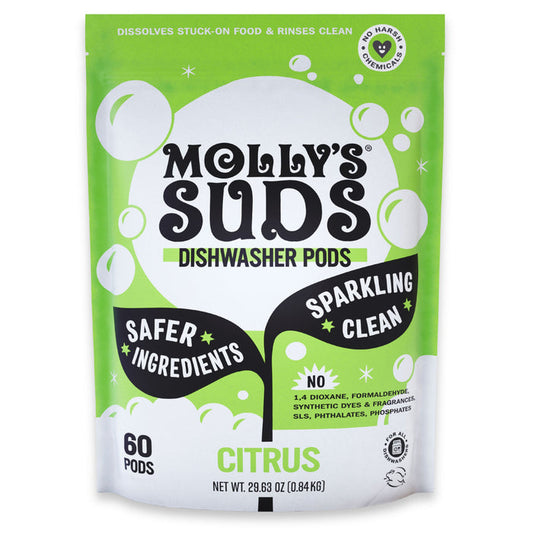 A green and white pouch of Molly’s Suds Dishwasher Detergent Pods, citrus scented with 60 pods, labeled “Safer Ingredients” and “Sparkling Clean”—made without harsh chemicals, synthetic dyes, or fragrances.