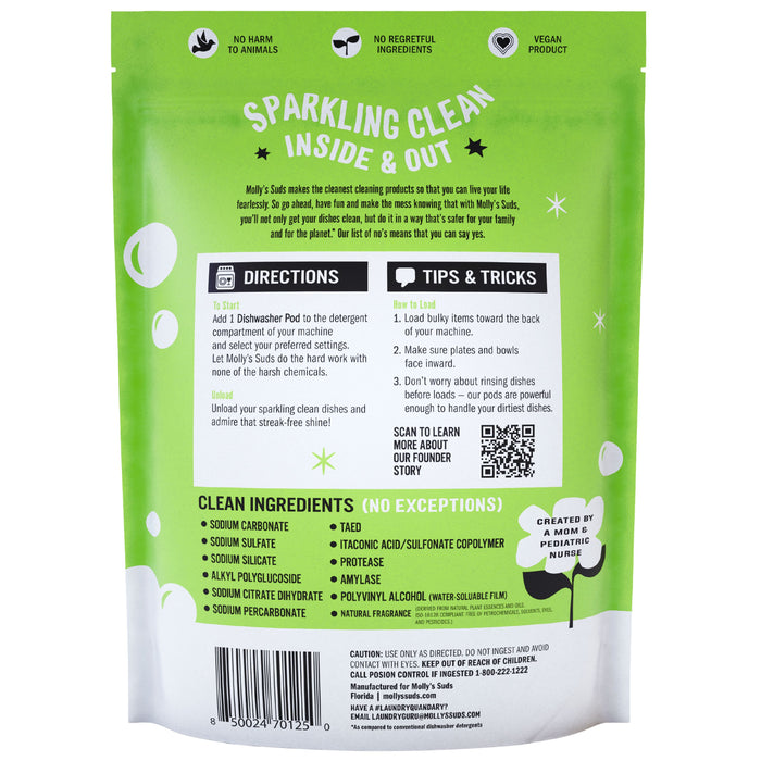 The image shows the back of Mollys Suds Dishwasher Detergent Pods package labeled Sparkling Clean Inside & Out, featuring directions, tips, clean ingredients, and certifications like no harmful chemicals, cruelty-free, and vegan. The formula uses naturally-occurring enzymes for better cleaning.
