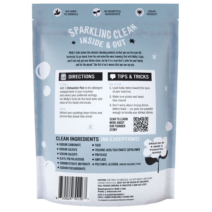 The rear view of Mollys Suds Dishwasher Detergent Pods package features Sparkling Clean Inside & Out at the top, highlighting eco-friendly and cruelty-free aspects. It lists naturally-occurring enzymes among ingredients and offers convenient usage directions and tips.