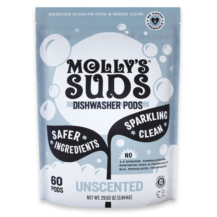 A 29.63 oz package of Molly’s Suds Dishwasher Detergent Pods, cruelty-free and unscented, with 60 pods. Promotes safer ingredients, sparkling clean dishes, and no harsh chemicals.