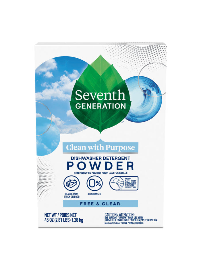 A box of Seventh Generation Dishwasher Detergent Powder, with a green leaf logo and blue circular designs, is chlorine-free and free from fragrances, dyes, and phosphates. It has a net weight of 45 oz (1.28 kg), reflecting the purity of modern dishwasher detergents.