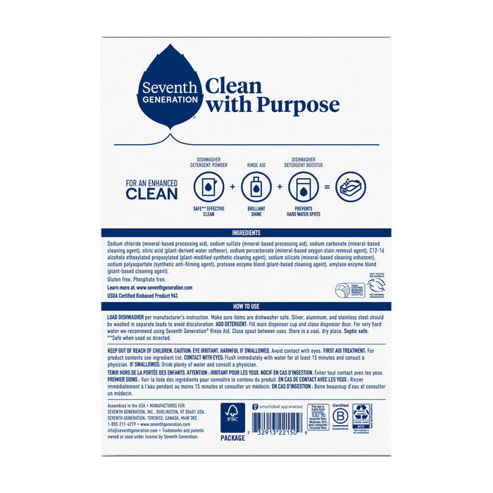 The back of the Seventh Generation Dishwasher Detergent Powder box provides usage instructions, an ingredient list, and barcodes. Its blue and white design emphasizes the Clean with Purpose theme, highlighting its eco-friendly cleaning role.