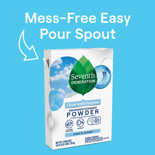 A box of Seventh Generation Dishwasher Detergent Powder, chlorine-free and Leaping Bunny–certified, is displayed against a blue background. The text emphasizes the Mess-Free Easy Pour Spout with labels Clean with Purpose and Free & Clear.