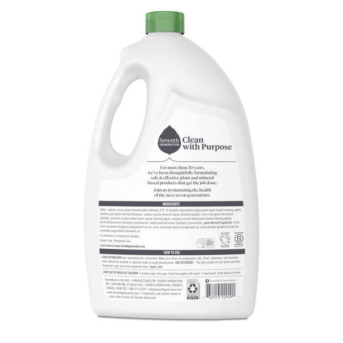 Back view of a white Seventh Generation Dishwasher Gel Power Plus bottle with a green cap. The label includes usage instructions, product details, and highlights the brands plant-based commitment with USDA Certified biobased ingredients and enzymes.