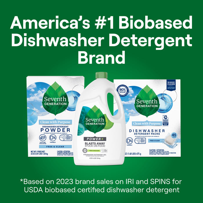 Seventh Generation Dishwasher Gel Power Plus is shown on a green background with the text: “America’s #1 USDA Certified Biobased Dishwasher Detergent Brand with effective enzymes.”.