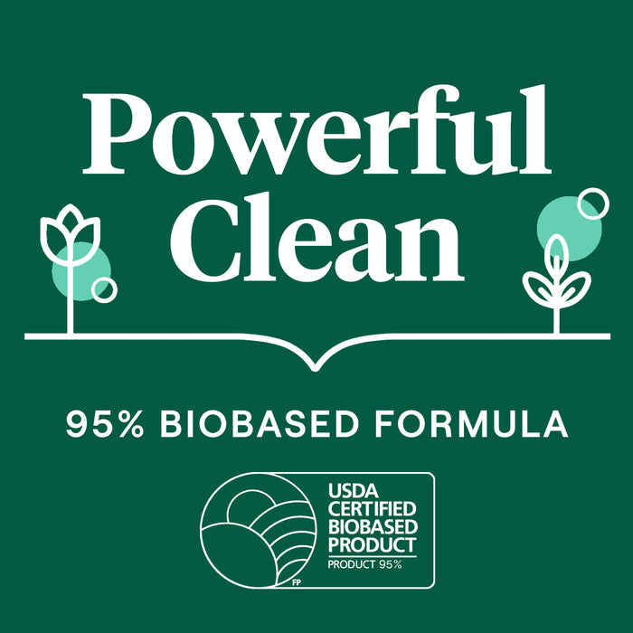 White text on green reads “Powerful Clean” and “95% Biobased Formula,” with plant graphics and the USDA Certified Biobased Product label, highlighting Seventh Generation Dish Soap Refill as a non-toxic option.
