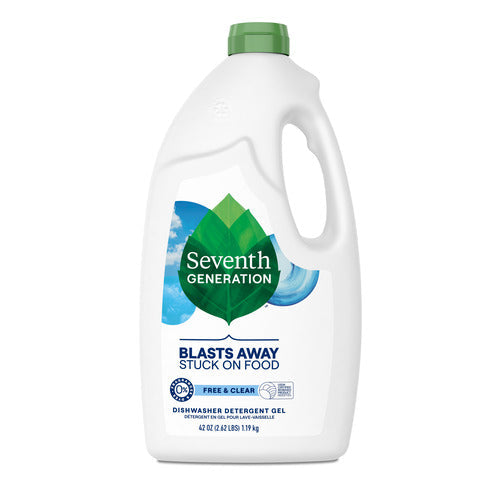 The Seventh Generation Dishwasher Gel bottle is white with a green leaf logo. It uses enzymes to remove greasy food stains, holds 42 fl oz (1.19 L), and has a green cap, providing Free & Clear cleaning power.