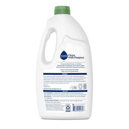 A white plastic Seventh Generation Dishwasher Gel bottle with a green cap features Clean with Purpose in blue, encircled by a droplet. The back lists Free and Clear ingredients and usage details, while enzyme-based formulas promise spotless results.
