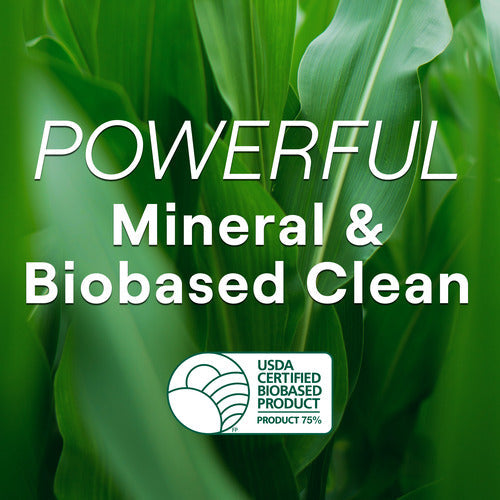 Text overlay on a green leafy background reads: POWERFUL Mineral & Biobased Clean. Below, the logo shows USDA Certified Biobased Product with Product 75%. The image promotes Seventh Generations chlorine-free Dishwasher Detergent Powder thats natural, eco-friendly, and Leaping Bunny–certified.