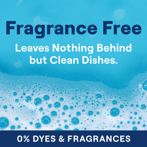 Blue background with white bubbles and text: Seventh Generations Dishwasher Detergent Powder is fragrance-free, leaving only clean dishes. Contains 0% dyes and fragrances, this Leaping Bunny–certified product offers an eco-friendly shine without chlorine.