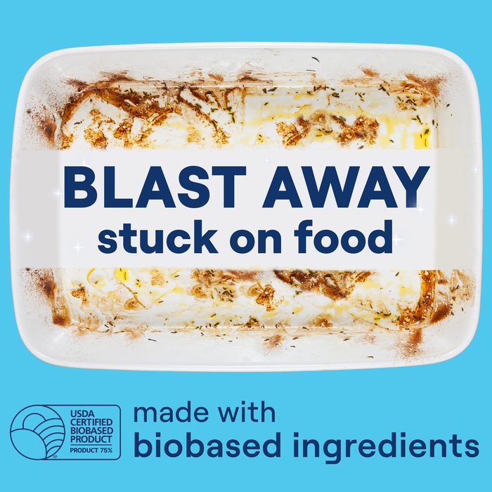 A baking dish with stuck-on food residue is shown. Overlaid text reads: BLAST AWAY stuck-on food. Seventh Generation Dishwasher Detergent Powder, chlorine-free and made with biobased ingredients, holds the USDA Certified Biobased Product seal and Leaping Bunny certification for a kinder clean.