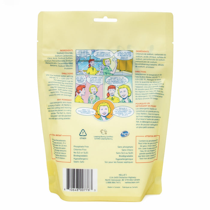 Back of a yellow Nellie's Dishwasher Powder Pouch showing ingredients, directions, cautions, and a comic strip where women share phosphate-free dishwashing tips in English and French. Recycling symbols are near the bottom.