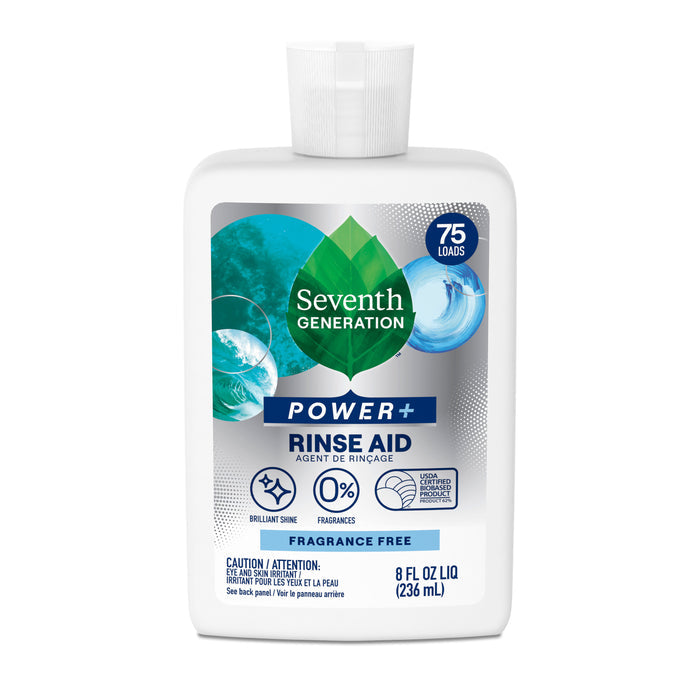 A white 8 fl oz (236 mL) bottle of Seventh Generation Dishwasher Rinse Aid with a blue-green label, for 75 loads. Fragrance-free, nontoxic formula; safe for septic systems and contains 0% fragrances.