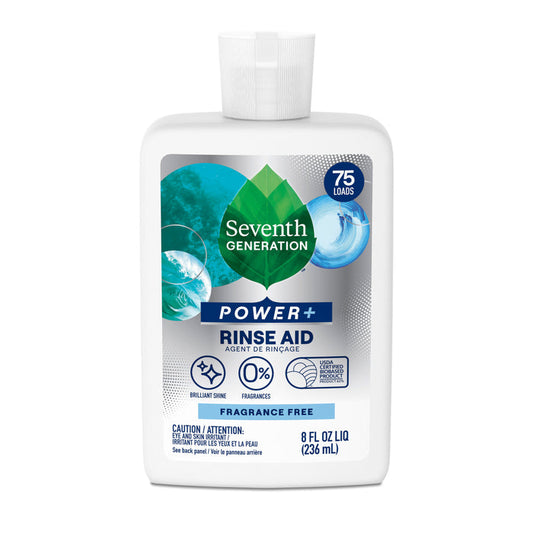 A white 8 fl oz (236 mL) bottle of Seventh Generation Dishwasher Rinse Aid with a blue-green label, for 75 loads. Fragrance-free, nontoxic formula; safe for septic systems and contains 0% fragrances.