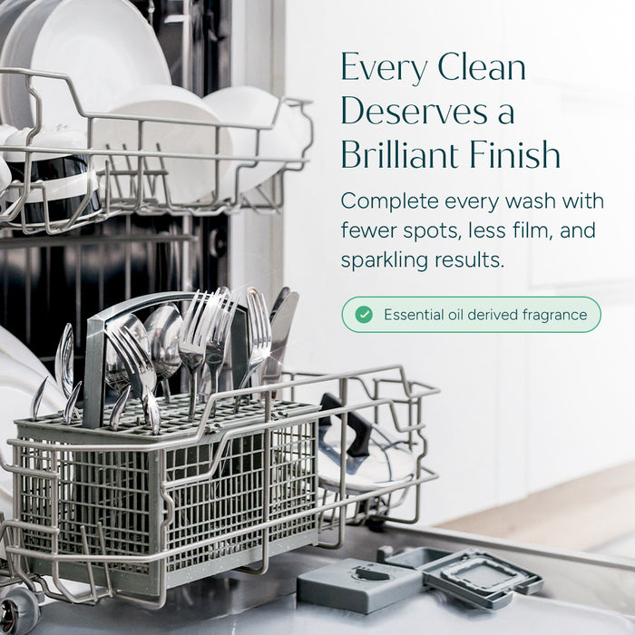 Open dishwasher with sparkling dishes; Dishwasher Rinse Aid ensures spotless results every time.