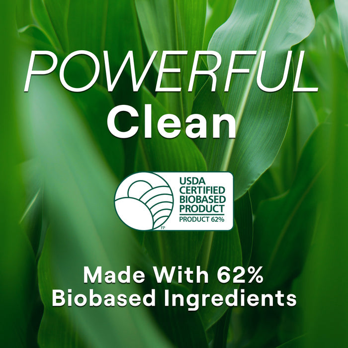 Green leaves background with text: Powerful Clean. USDA Certified Biobased Product label, Product 62%. Made with 62% biobased ingredients and a nontoxic formula, Seventh Generation Dishwasher Rinse Aid is also septic system safe.