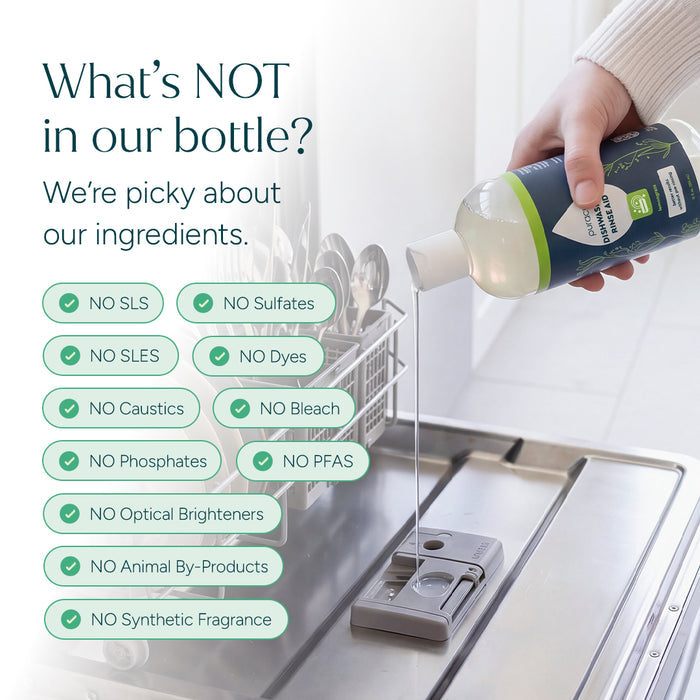 Person pours Dishwasher Rinse Aid into dishwasher; excluded ingredients listed on the left side.