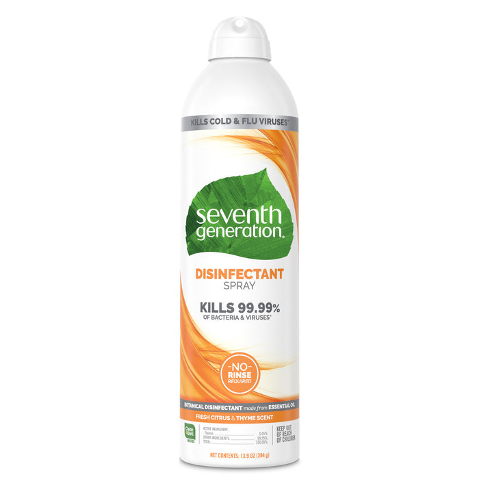 Seventh Generation Disinfectant Spray in a 13.9 oz tall can, designed in orange and green, claims to kill 99.99% of germs on nonporous surfaces with its delightful fresh citrus and thyme scent. The label states no-rinse required.