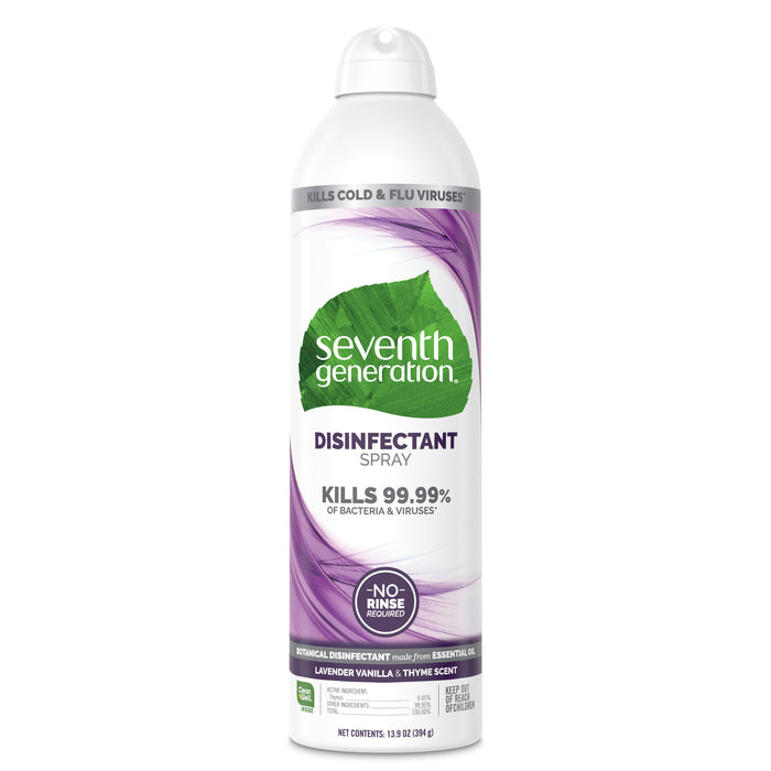 The Seventh Generation Disinfectant Spray, featuring a lavender, vanilla, and thyme scent, eliminates 99.9% of bacteria and viruses on nonporous surfaces. The can is mostly white with purple accents and a green logo.
