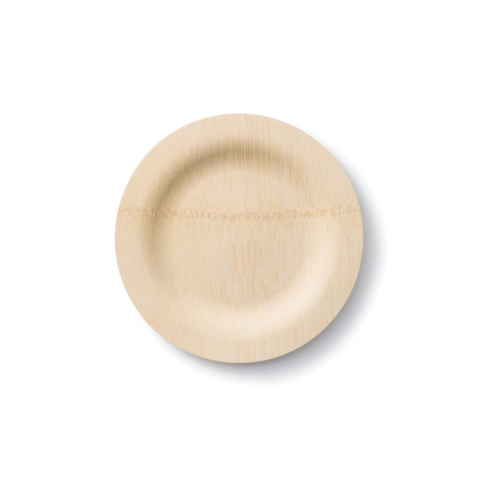 The Bambu Disposable Bamboo Plate is round, light beige, and features a smooth surface with a subtle grain pattern. Set against a plain white background, this eco-friendly dinnerware enhances dining while supporting sustainable living.