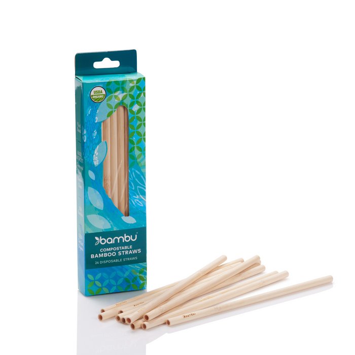 A box of Bambu Disposable Bamboo Straws with green and blue patterns is displayed. Sturdy, naturally colored straws lie beside it, promoting them as eco-friendly, disposable alternatives to plastic.