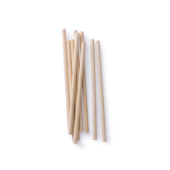 On a plain white background, Bambu Disposable Bamboo Straws are neatly arranged, showcasing their sturdy, smooth cylindrical texture as a sustainable plastic alternative.