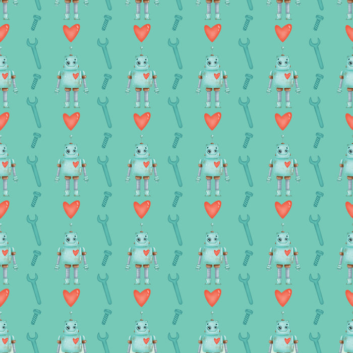 The Waterleaf Paper Companys Dissolvable Gift Wrap showcases a seamless pattern on a turquoise background with cute blue robots, red hearts, wrenches, and bolts. Eco-manufactured and septic system safe, its the perfect charming solution for gift wrapping.