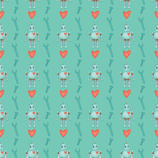 The Waterleaf Paper Companys Dissolvable Gift Wrap showcases a seamless pattern on a turquoise background with cute blue robots, red hearts, wrenches, and bolts. Eco-manufactured and septic system safe, its the perfect charming solution for gift wrapping.