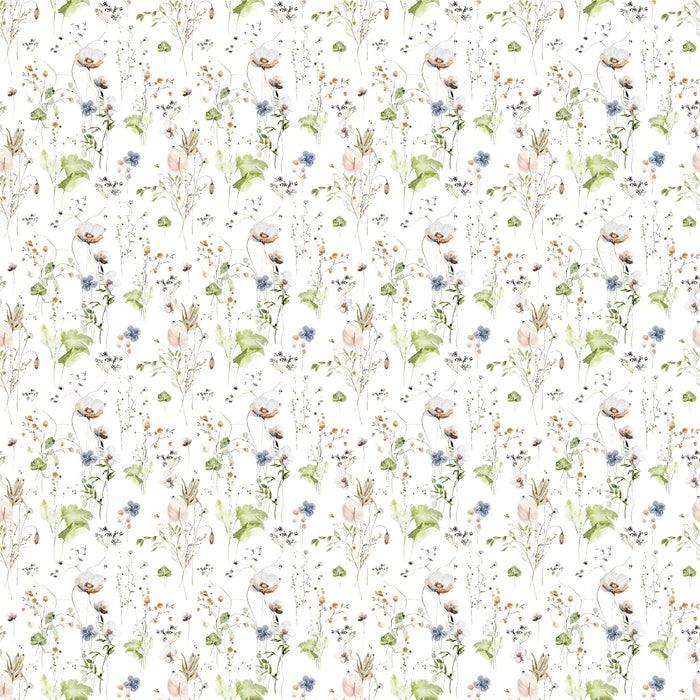 The Waterleaf Paper Companys Dissolvable Gift Wrap showcases a seamless floral pattern of green leaves, various flowers, and delicate branches on a white background. The consistently repeating design offers a harmonious and natural aesthetic while supporting eco-friendly manufacturing practices.