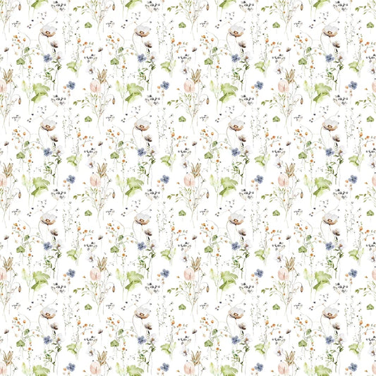 The Waterleaf Paper Companys Dissolvable Gift Wrap showcases a seamless floral pattern of green leaves, various flowers, and delicate branches on a white background. The consistently repeating design offers a harmonious and natural aesthetic while supporting eco-friendly manufacturing practices.