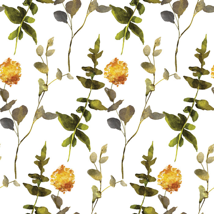 The Waterleaf Paper Companys Dissolvable Gift Wrap features a seamless design of watercolor green leaves and yellow flowers on white, using water-based ink. This vertically repeating pattern offers a natural and delicate look ideal for special gift presentations.