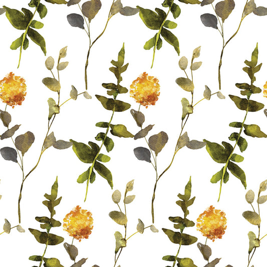 The Waterleaf Paper Companys Dissolvable Gift Wrap features a seamless design of watercolor green leaves and yellow flowers on white, using water-based ink. This vertically repeating pattern offers a natural and delicate look ideal for special gift presentations.