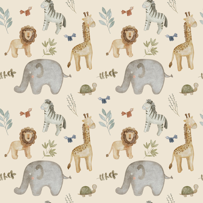 The Dissolvable Gift Wrap by Waterleaf Paper Company showcases a seamless pattern of watercolor-style lions, giraffes, elephants, zebras, birds, and turtles with leaves and branches on an eco-manufactured paper using water-based ink against a light background.