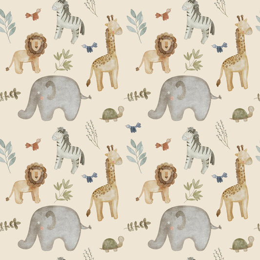 The Dissolvable Gift Wrap by Waterleaf Paper Company showcases a seamless pattern of watercolor-style lions, giraffes, elephants, zebras, birds, and turtles with leaves and branches on an eco-manufactured paper using water-based ink against a light background.