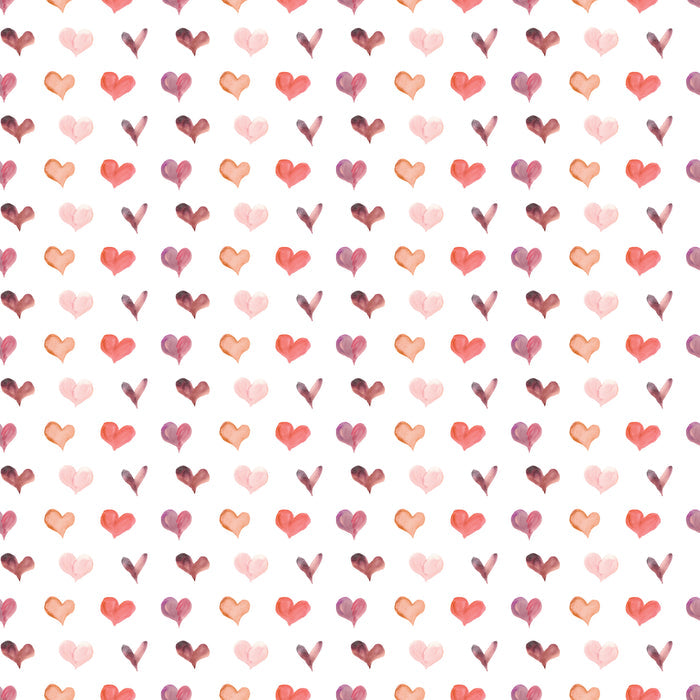 The Waterleaf Paper Companys Dissolvable Gift Wrap features a seamless pattern of watercolor hearts in pink, red, and purple on white, designed with eco-friendly methods. Evenly spaced in a diagonal grid, its perfect for gift wrapping.