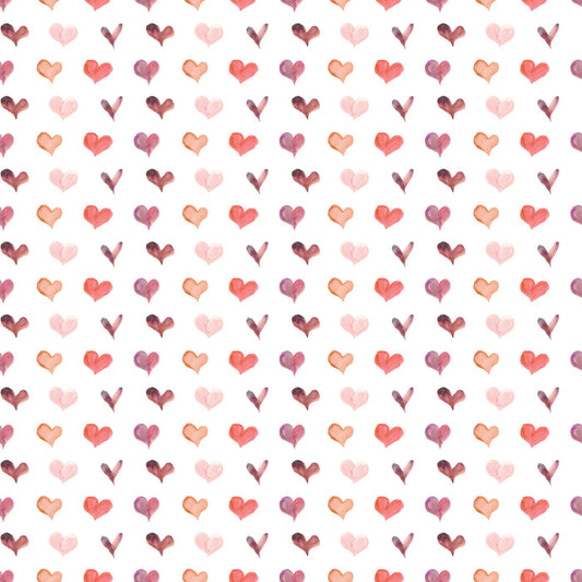 The Waterleaf Paper Companys Dissolvable Gift Wrap features a seamless pattern of watercolor hearts in pink, red, and purple on white, designed with eco-friendly methods. Evenly spaced in a diagonal grid, its perfect for gift wrapping.