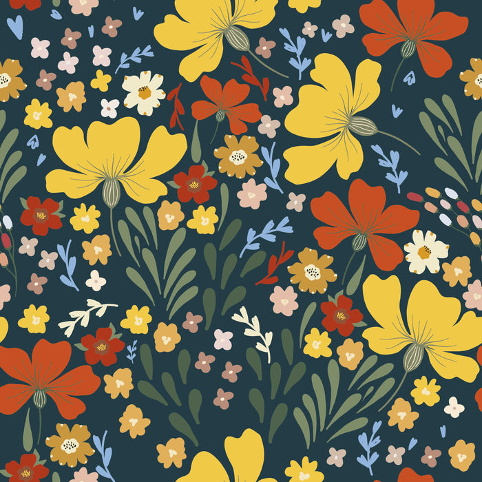 The Dissolvable Gift Wrap by Waterleaf Paper Company features a vibrant floral pattern with yellow, red, and white flowers on a dark background, accented by small blue and orange buds. Made using eco-manufacturing techniques, its an elegant choice for zero waste living.
