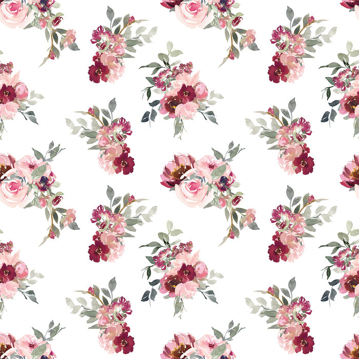 The Dissolvable Wrapping Paper by Waterleaf Paper Company features a seamless floral pattern with watercolor-style pink and burgundy flowers and green leaves on a white background, creating an eco-friendly design that repeats evenly for a harmonious and vibrant appearance.