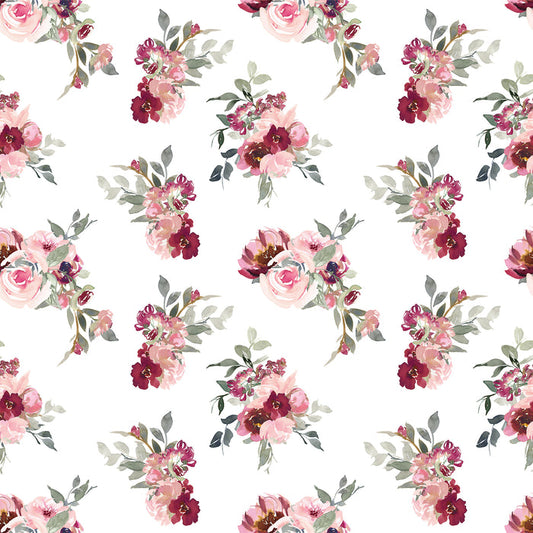 The Dissolvable Wrapping Paper by Waterleaf Paper Company features a seamless floral pattern with watercolor-style pink and burgundy flowers and green leaves on a white background, creating an eco-friendly design that repeats evenly for a harmonious and vibrant appearance.
