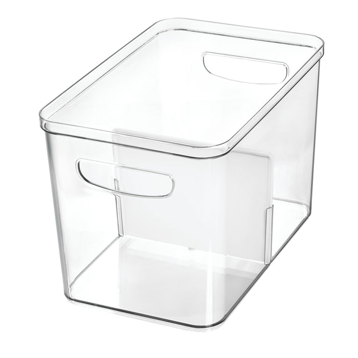 The iDesign Divided Organizer Bin, made from BPA-free recycled plastic, features a smooth surface and two built-in handles on opposite sides. Ideal for organizing or storing kitchen items.