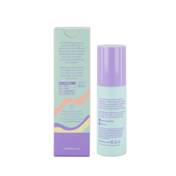 The evre. Do Your Thing AHA & BHA Gel Cleanser features a pastel look: a mint green bottle with a lavender cap and packaging with peach accents. Its perfect for blackhead and breakout control.